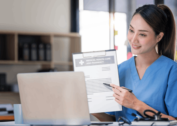 A doctor reviews a discharge report using Chinese Translation Services in Washington for accurate medical records.