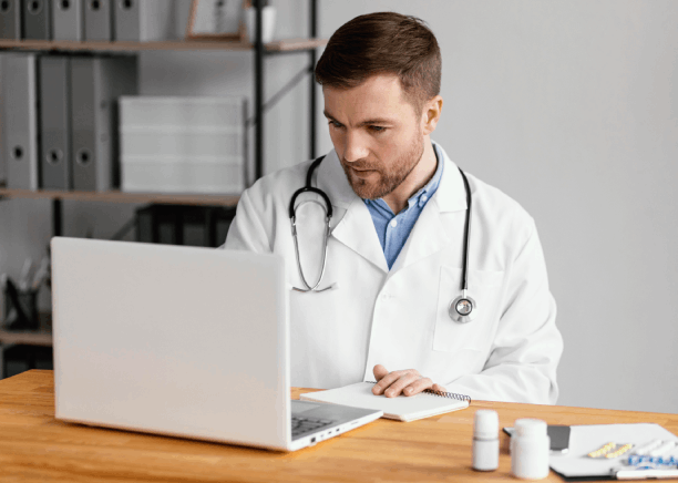 A doctor admin uploads PDFs to a secure portal as Russian Translation Services in Washington handle confidential medical.