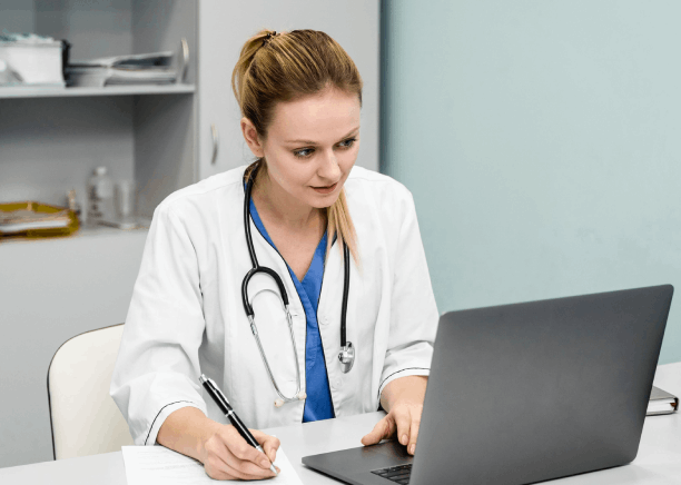 A doctor compares radiology notes and terms as Spanish Translation Services in Washington finalize medical records.